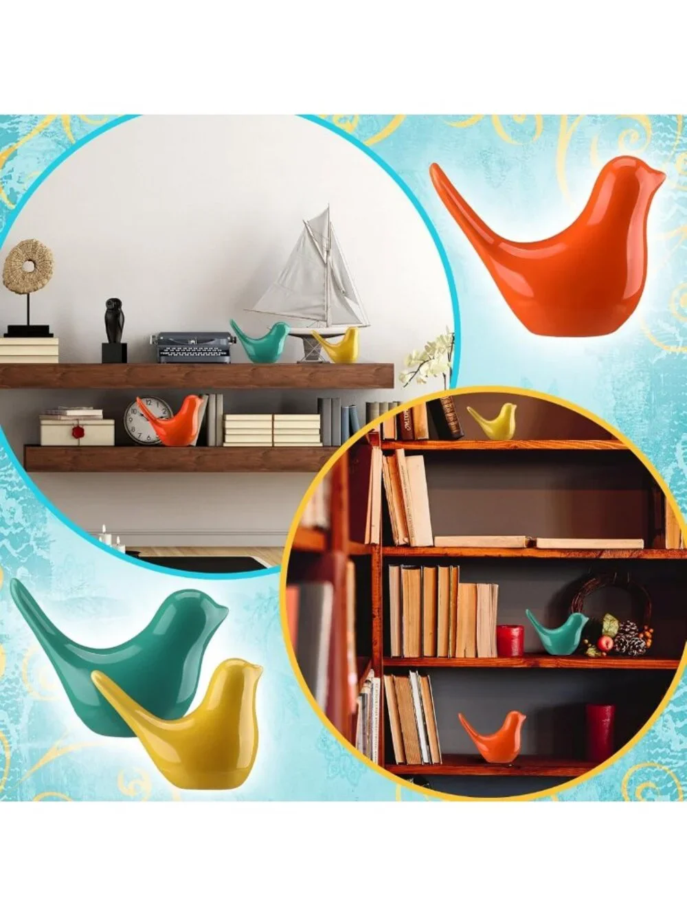 3pcs Mid Century Modern Ceramic Birds Decor - Vibrant Orange, Blue & Yellow for